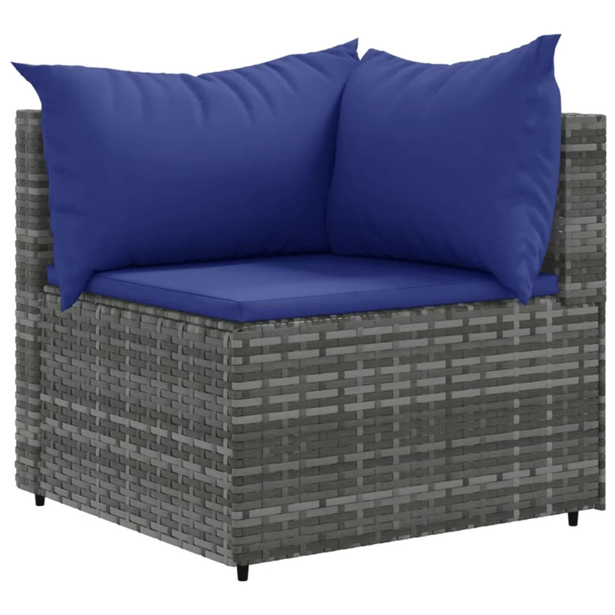 Asiento esquinero de mimbre gris con cojines azules, sobre un fondo blanco.