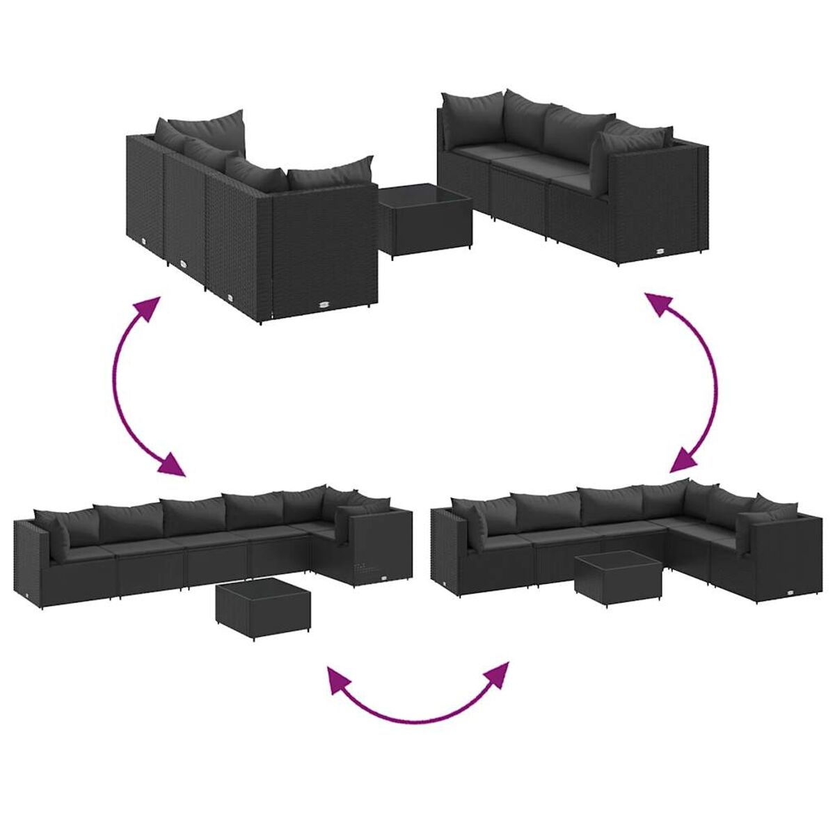 Diagramma di un set di divani modulari con varie configurazioni. Le frecce mostrano i cambiamenti.