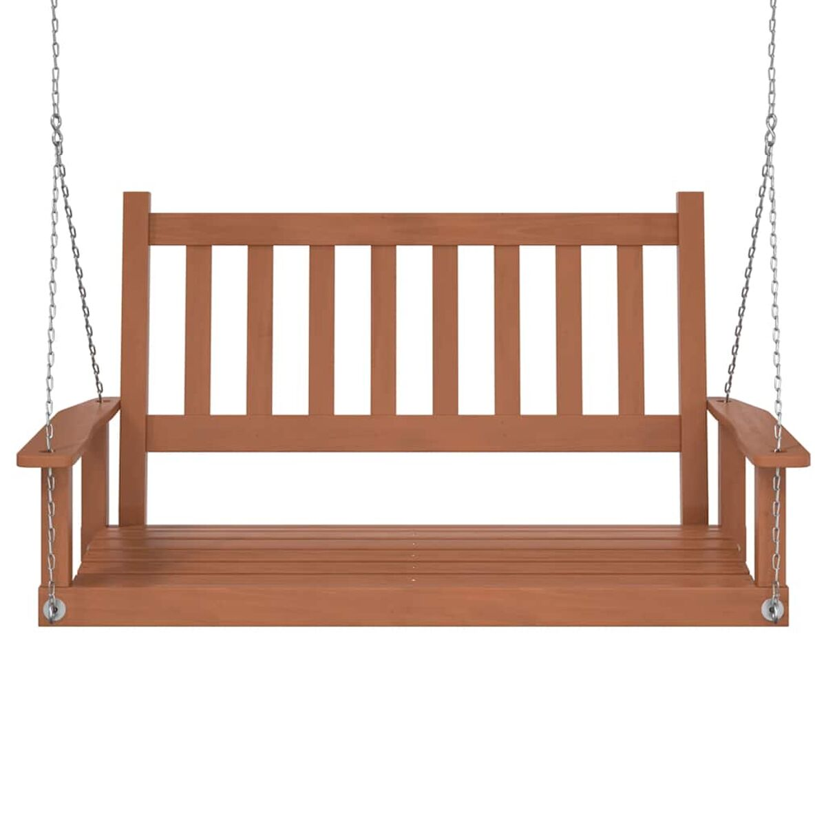 Holzschaukel mit braunem Finish, an Ketten hängend. Die Schaukel hat einen Lattenrost und eine Rückenlehne.
