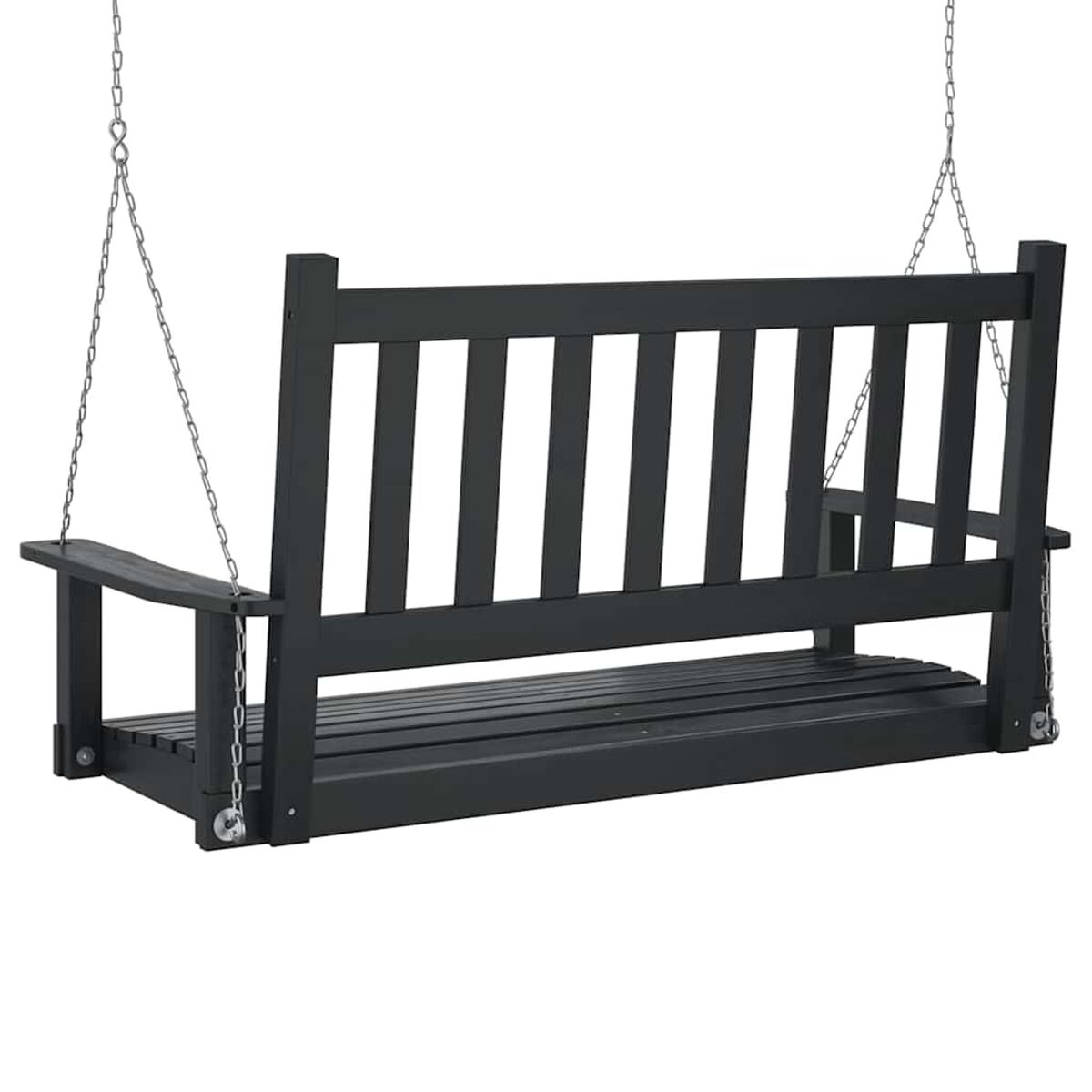 Schwarze Holzschaukelbank, die an Ketten hängt. Weißer Hintergrund.