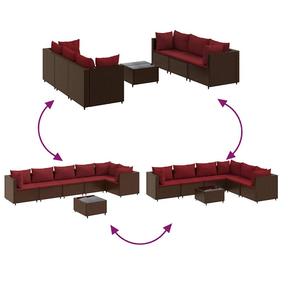 Set divani modulari, tre configurazioni. Tessuto marrone, cuscini rossi, tavolino.