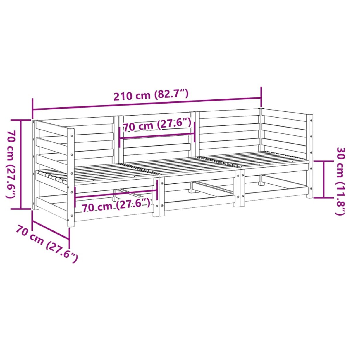 Diagramm eines hölzernen Outdoor-Sofas mit Abmessungen in Zentimetern.