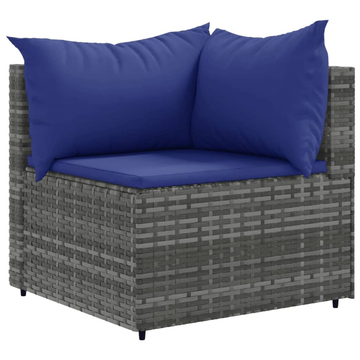 Eck-Außensofa mit grauem Korbgeflecht und blauen Kissen. Die Kissen sind quadratisch, das Sofa hat ein modernes Design.