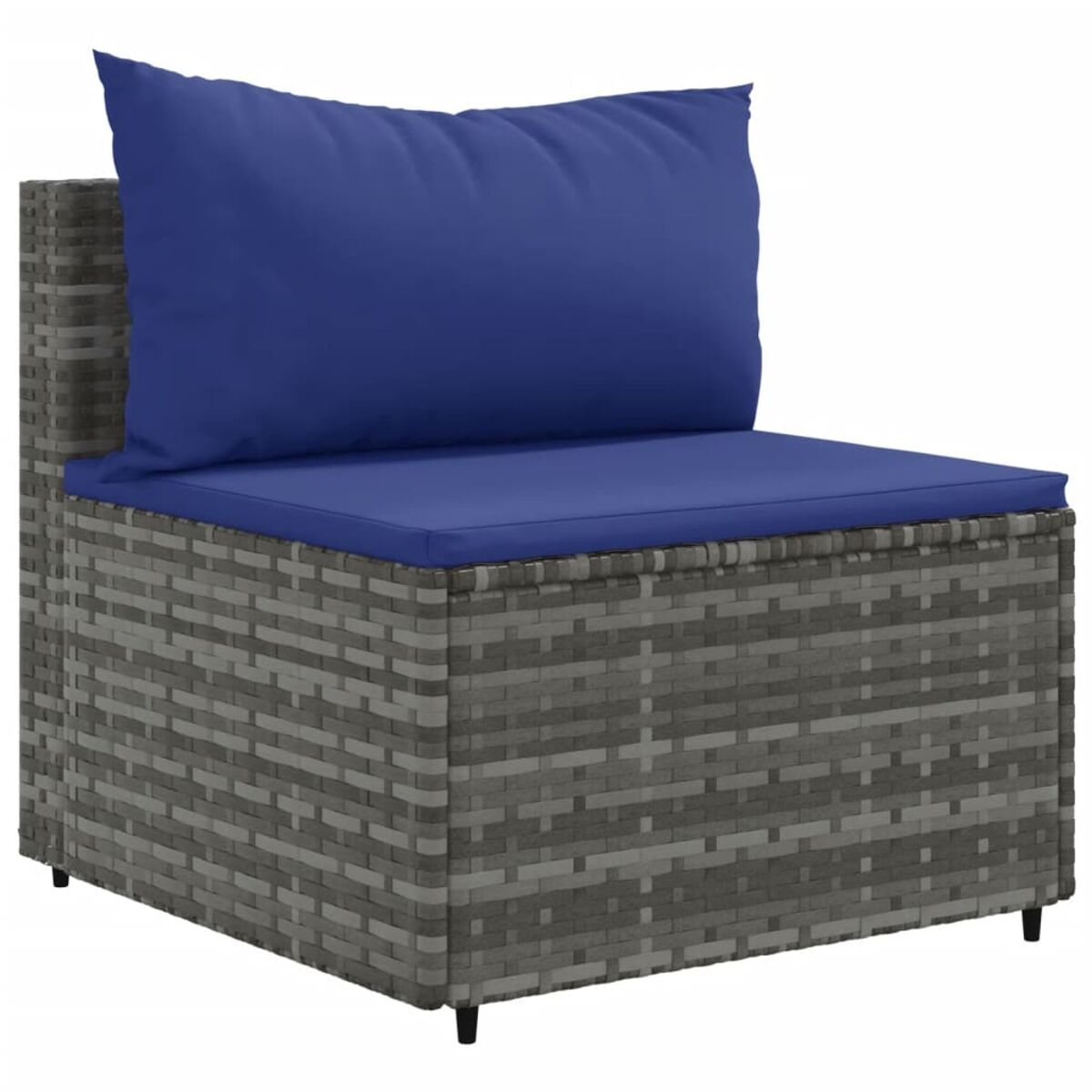 Grauer Korbstuhl mit blauem Kissen. Einfaches Design, quadratische Form.