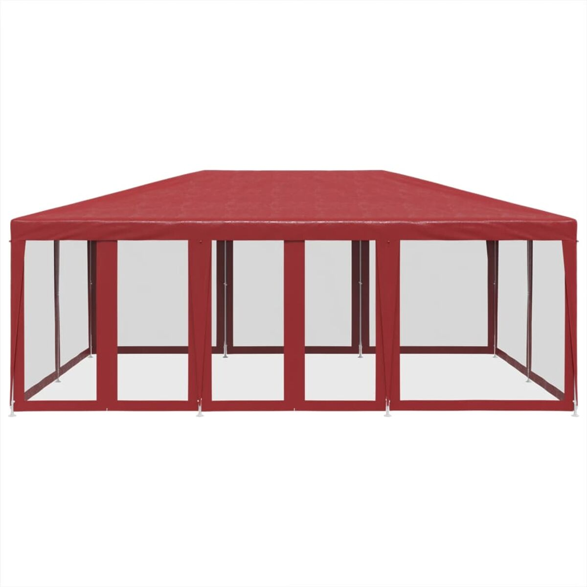 Gazebo esterno rosso con pannelli trasparenti e travi di supporto bianche.