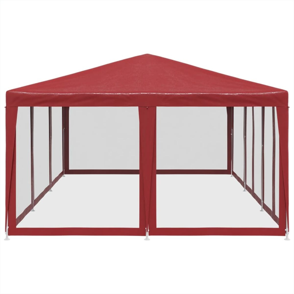 Gazebo rosso con pareti trasparenti. Il gazebo ha una forma rettangolare semplice.