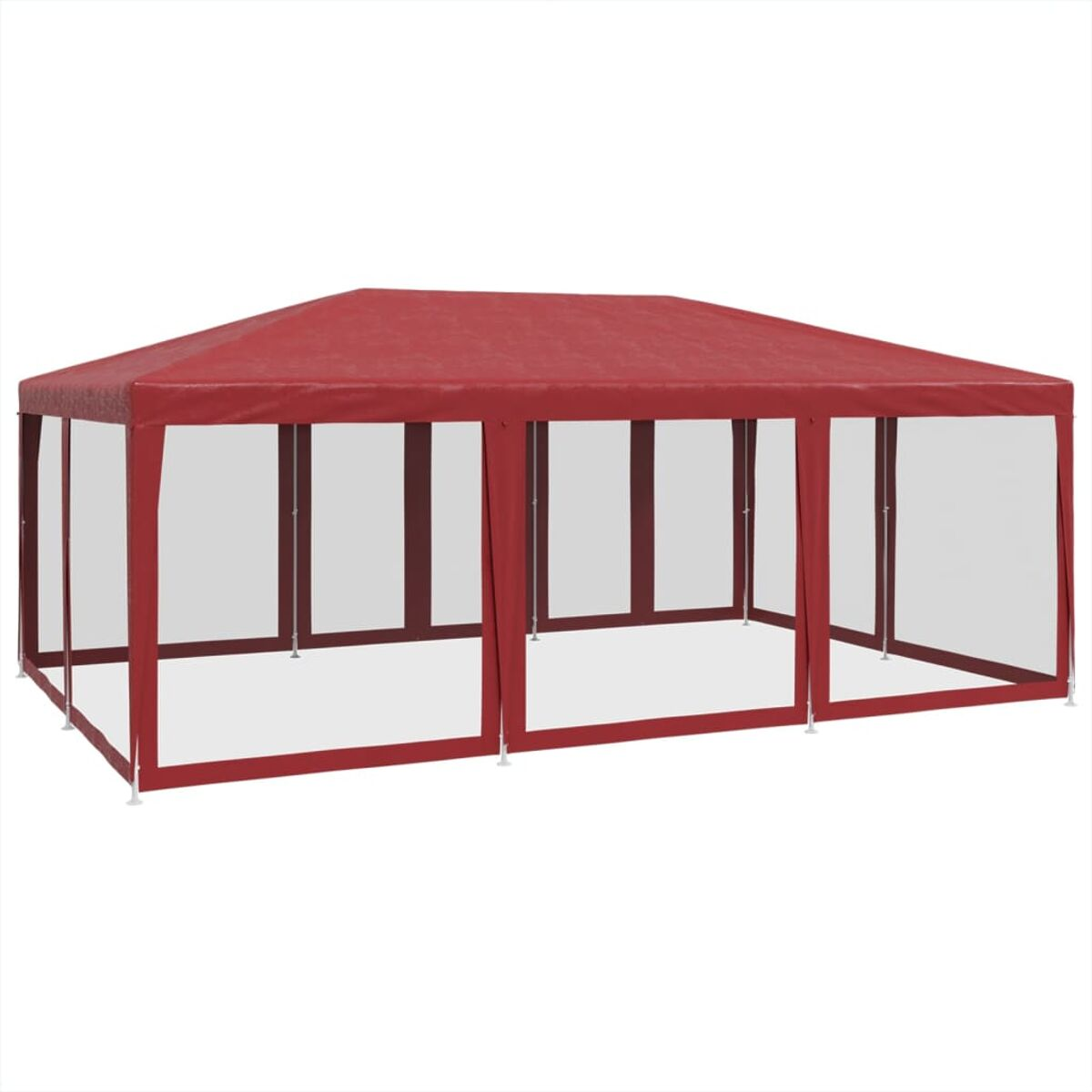 Un gazebo rettangolare rosso con pareti trasparenti. Ha un tetto rosso e un telaio bianco.