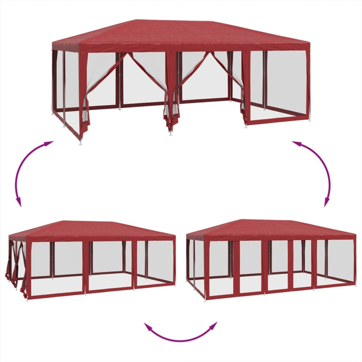 Un gazebo rosso in tre diverse configurazioni con frecce che indicano le trasformazioni.