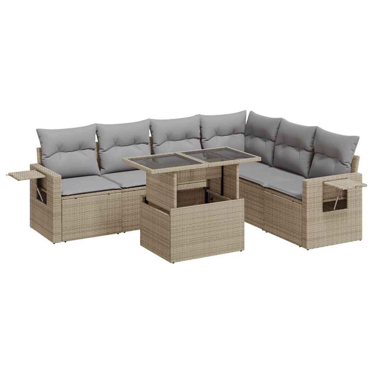 Set da esterno in rattan beige con divano e tavolo su sfondo bianco.