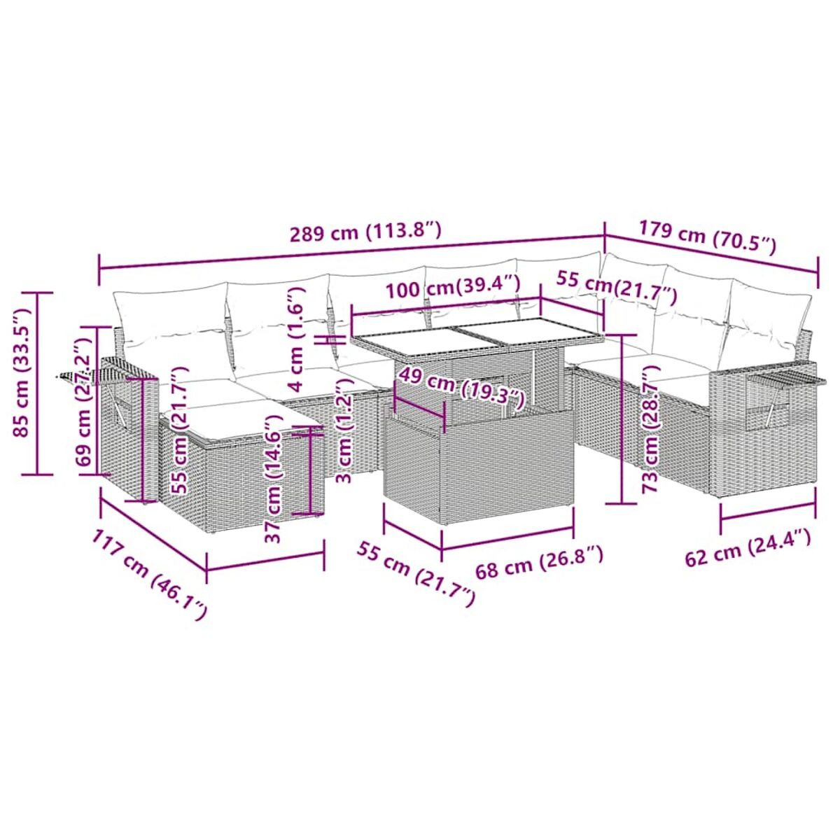 Diagramma di un divano componibile da esterno con dimensioni. Divano a L con misure indicate.