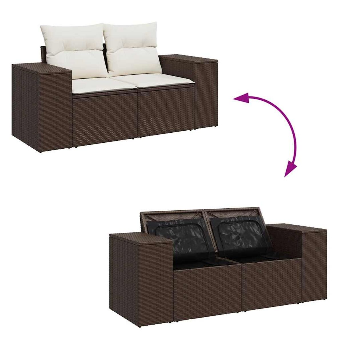 Zweisitzer-Rattansofa, braun, mit Kissen. Das Stauraumfach des Sofas ist geöffnet.