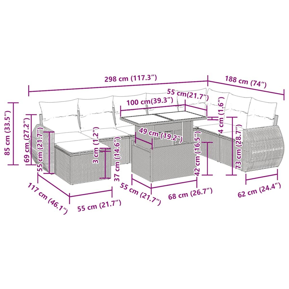 Diagramm eines Outdoor-Sets aus Korbgeflecht. Abmessungen und Maße sind angegeben. Das Set ist rechteckig.