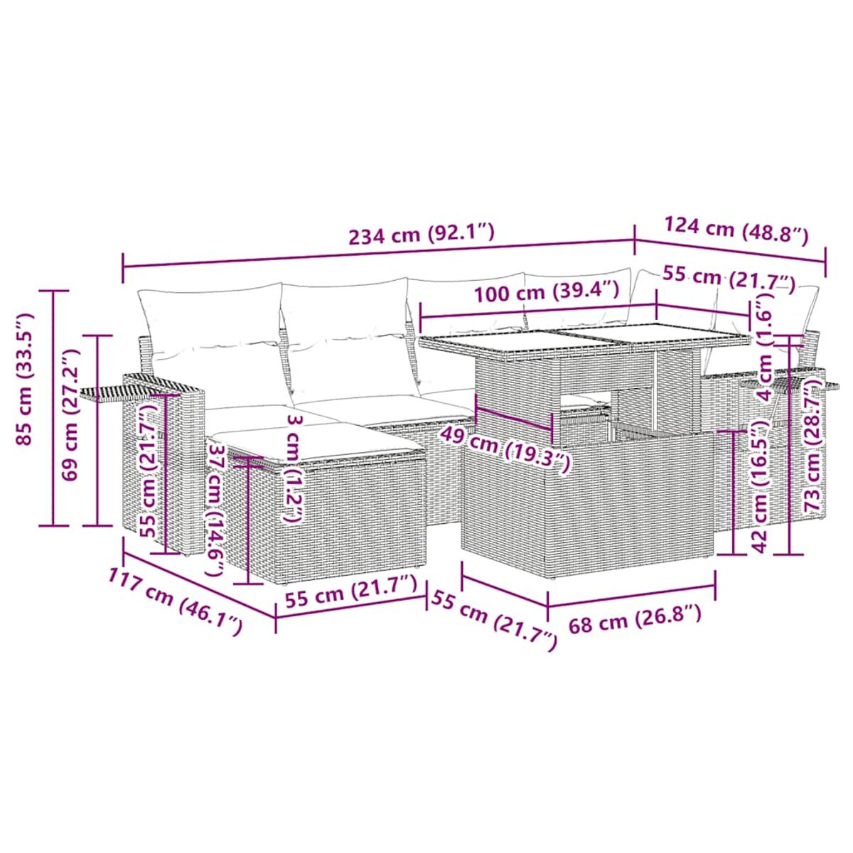 Set di mobili da esterno in vimini con dimensioni in cm e pollici.