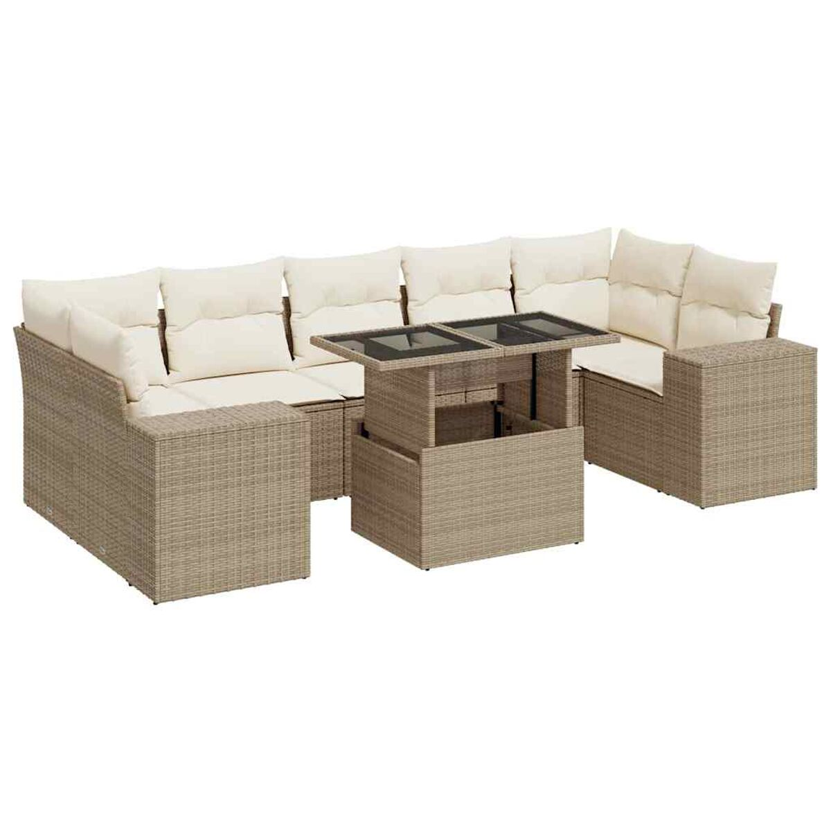 Divano componibile da esterno in rattan beige con cuscini color crema e tavolo. Bianco.