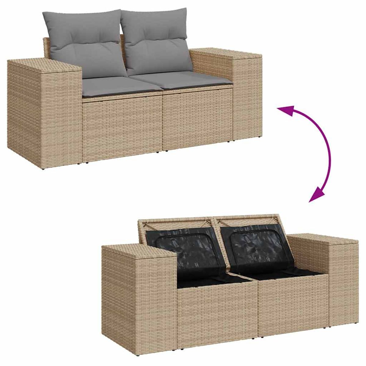 Divano in rattan beige, con cuscini grigi. Vista dall'alto e vista vano contenitore aperto. Sfondo bianco.