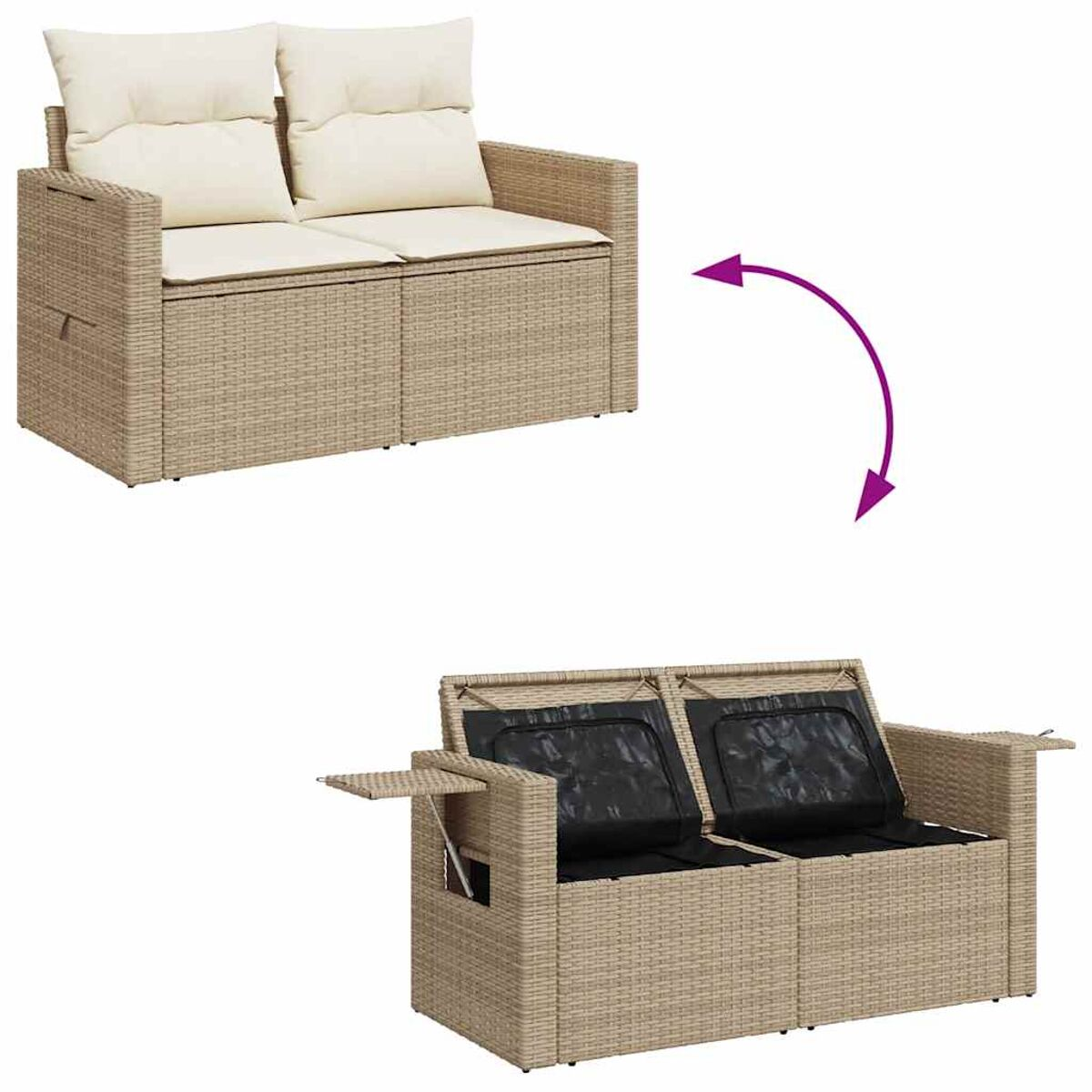 Divano in vimini beige con vani portaoggetti aperti.