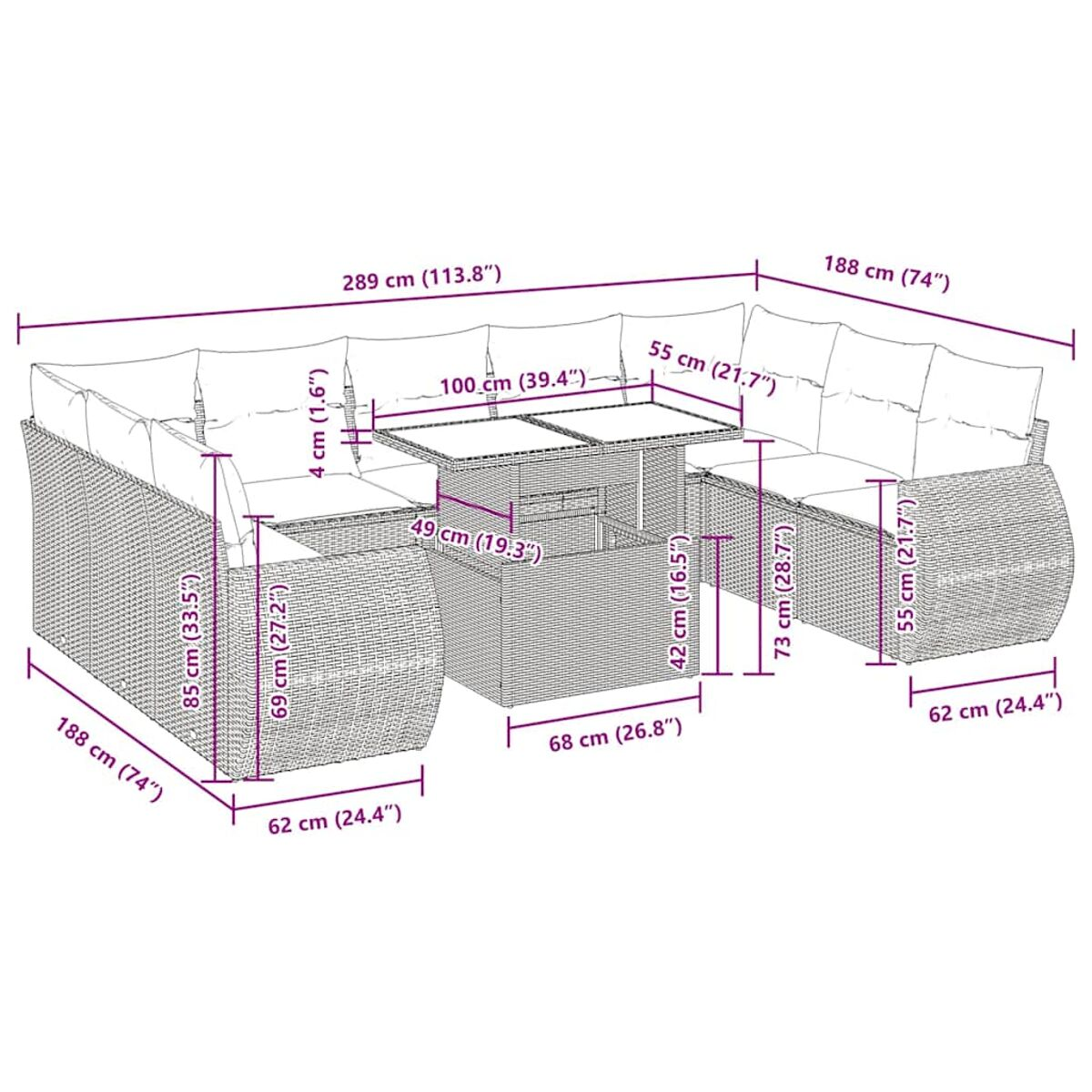 Set divano in rattan da esterno con dimensioni. Include tavolo e cuscini.