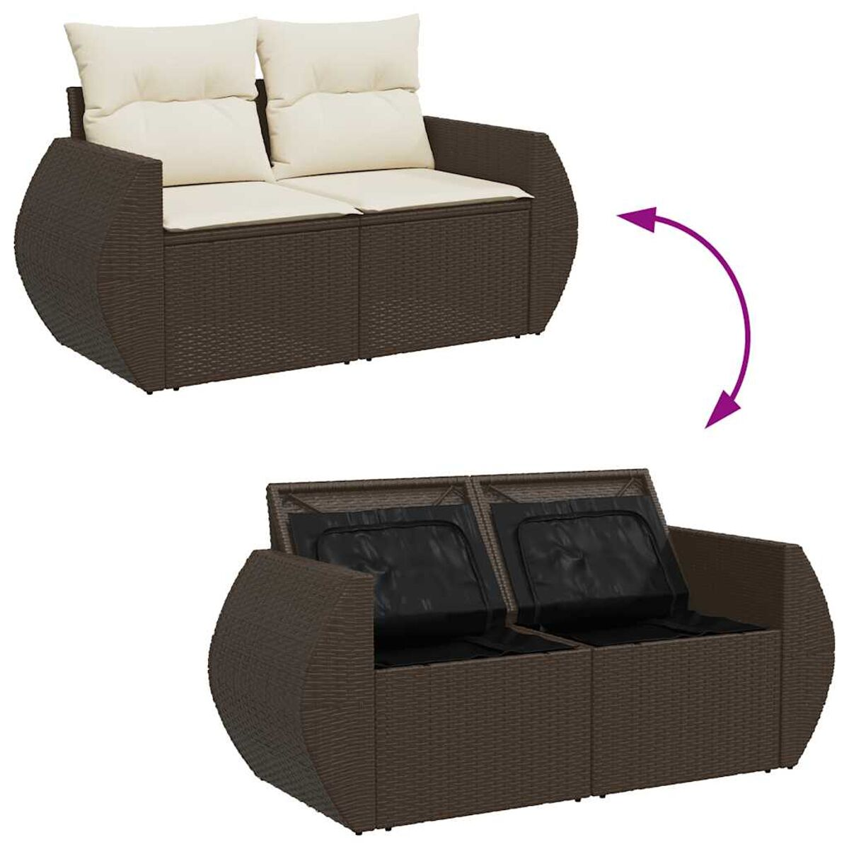 Zweisitzer-Rattan-Sofa mit abnehmbaren Kissen. Offener Stauraum sichtbar. Weißer Hintergrund.