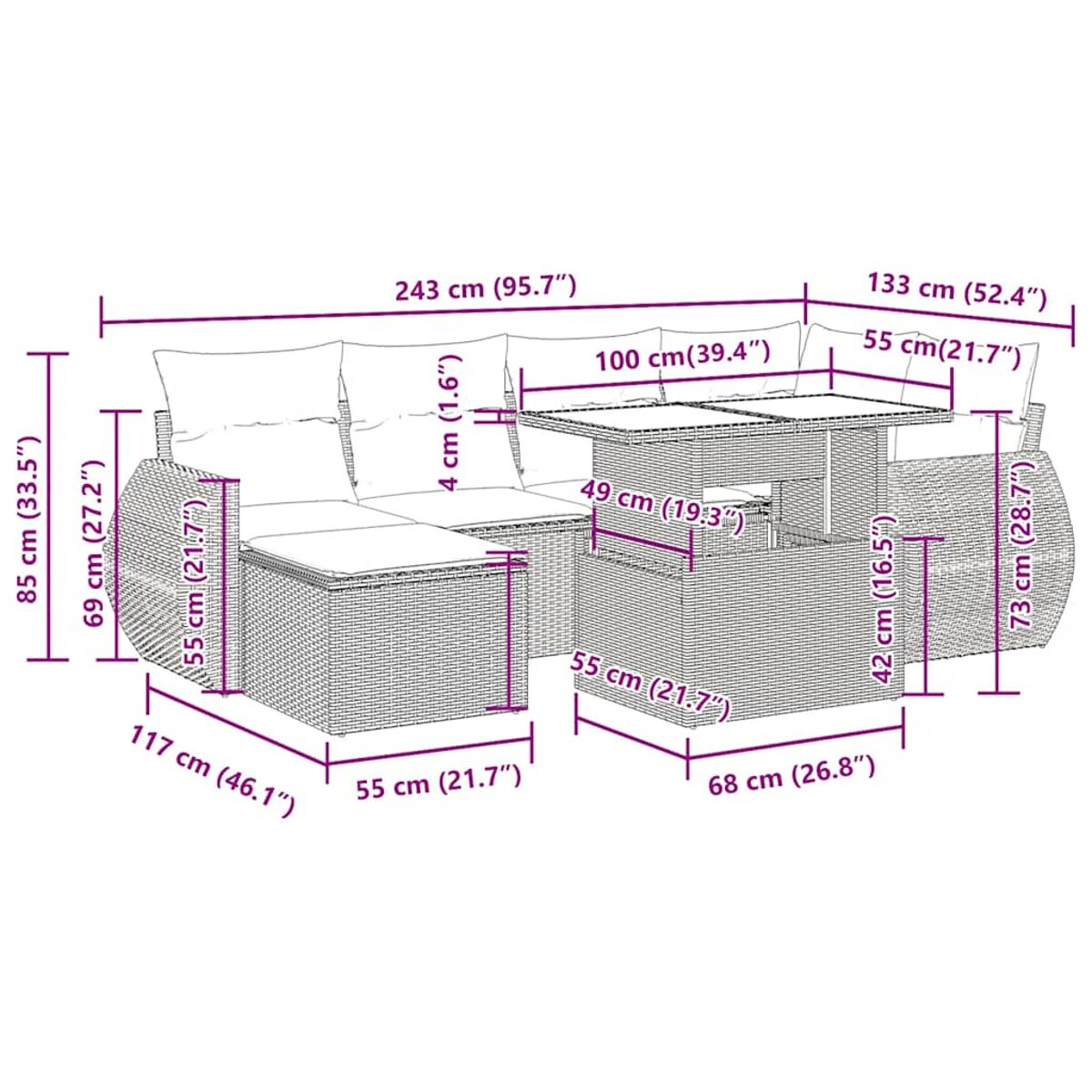 Set di mobili da esterno in vimini con dimensioni. Include tavolo e divano.