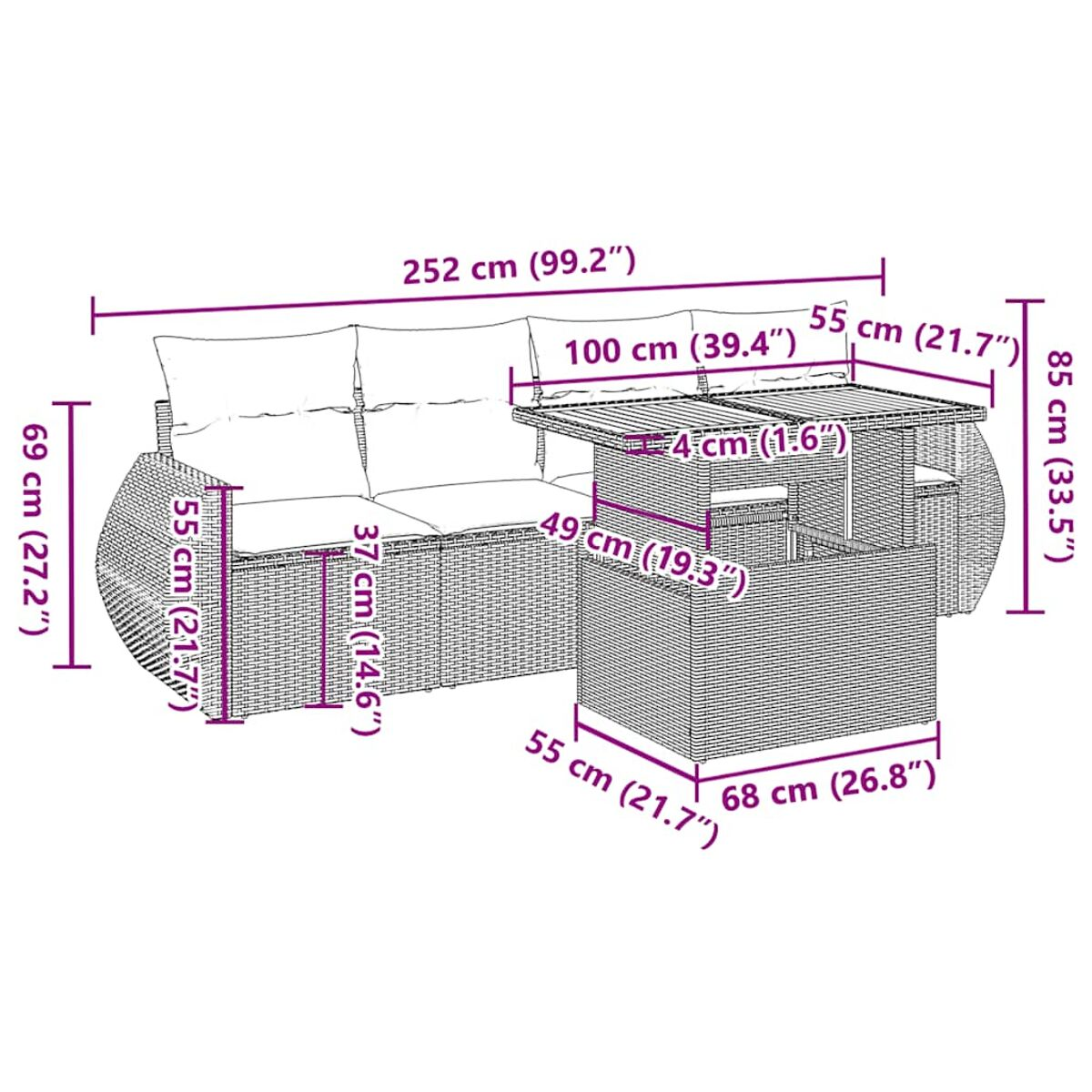 Diagramma di un set di divani in vimini con dimensioni in cm, inclusi tavolo e cuscini.