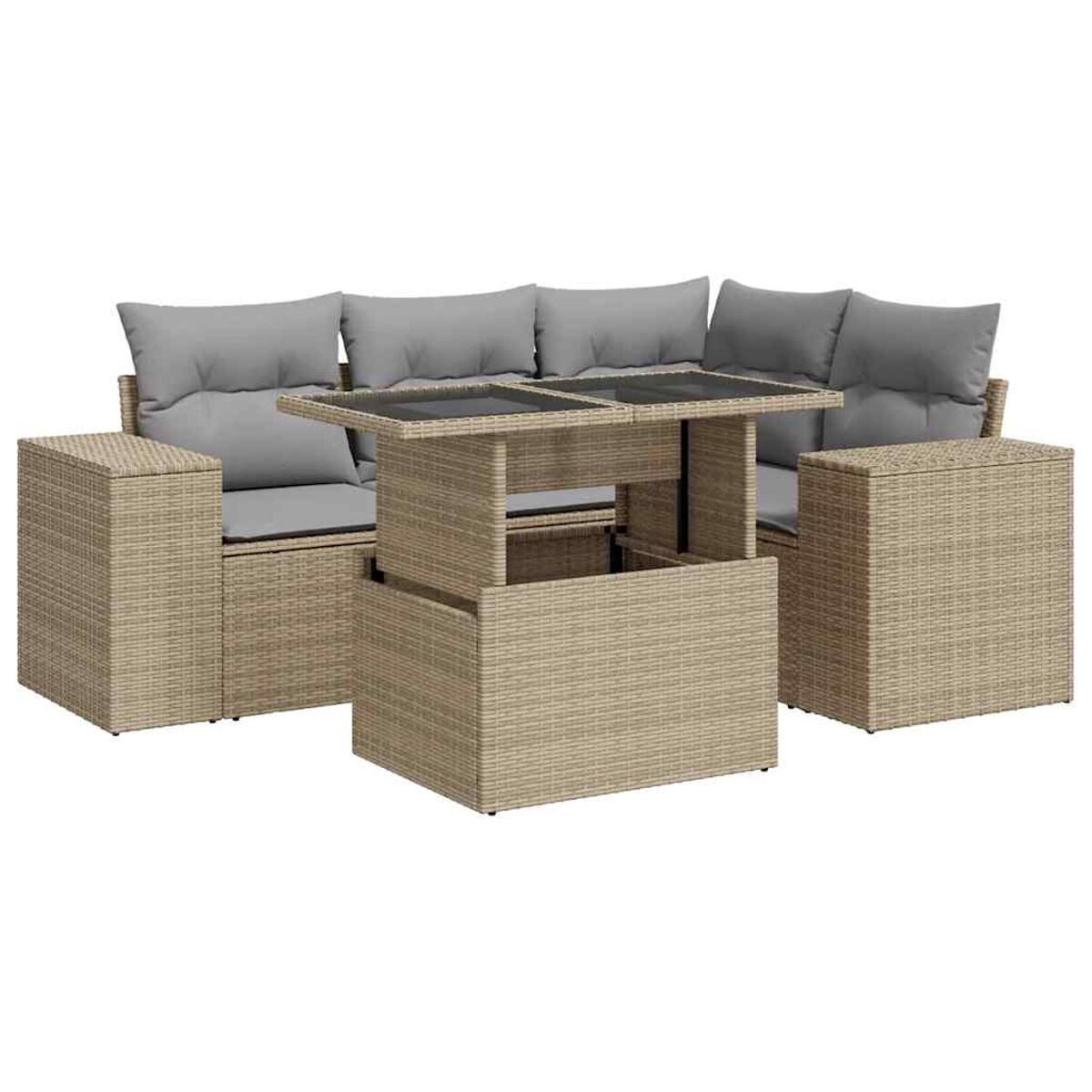 Set divano in rattan con cuscini grigi e tavolino con piano sollevabile.
