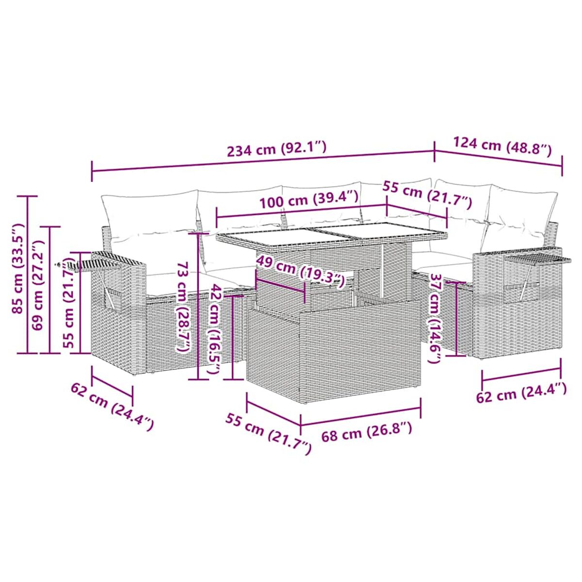 Set di mobili da esterno con dimensioni. Include divano, tavolino e tavolini. Misure in cm e pollici.