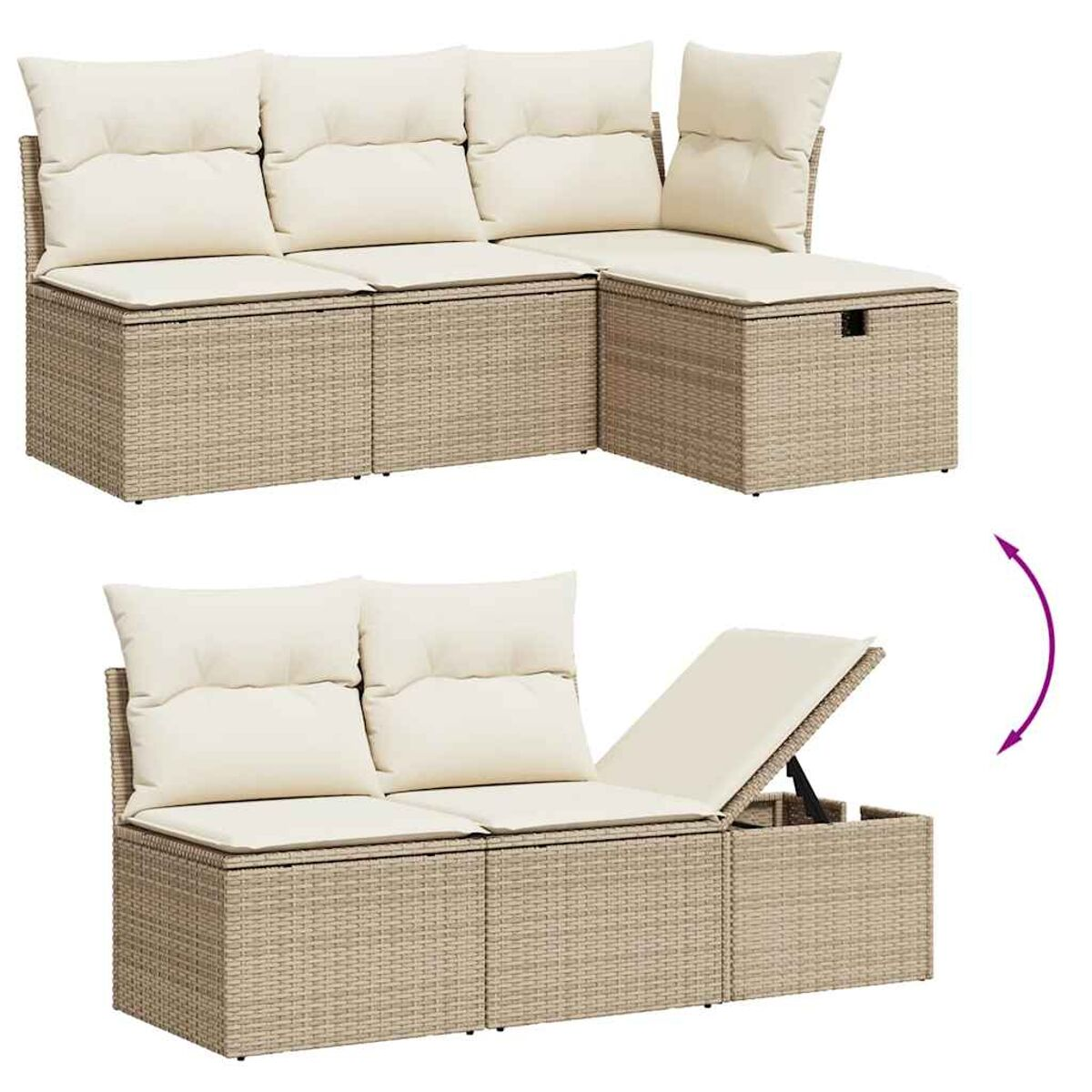 Beiges Outdoor-Ecksofa aus Korbgeflecht mit cremefarbenen Kissen. Ein Abschnitt lässt sich zum Verstauen anheben.