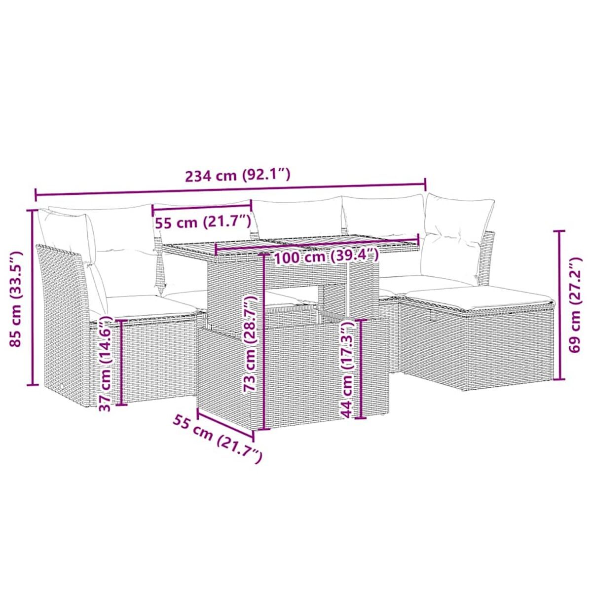 Set di mobili da esterno in rattan. Include un tavolo e due divani. Dimensioni fornite.