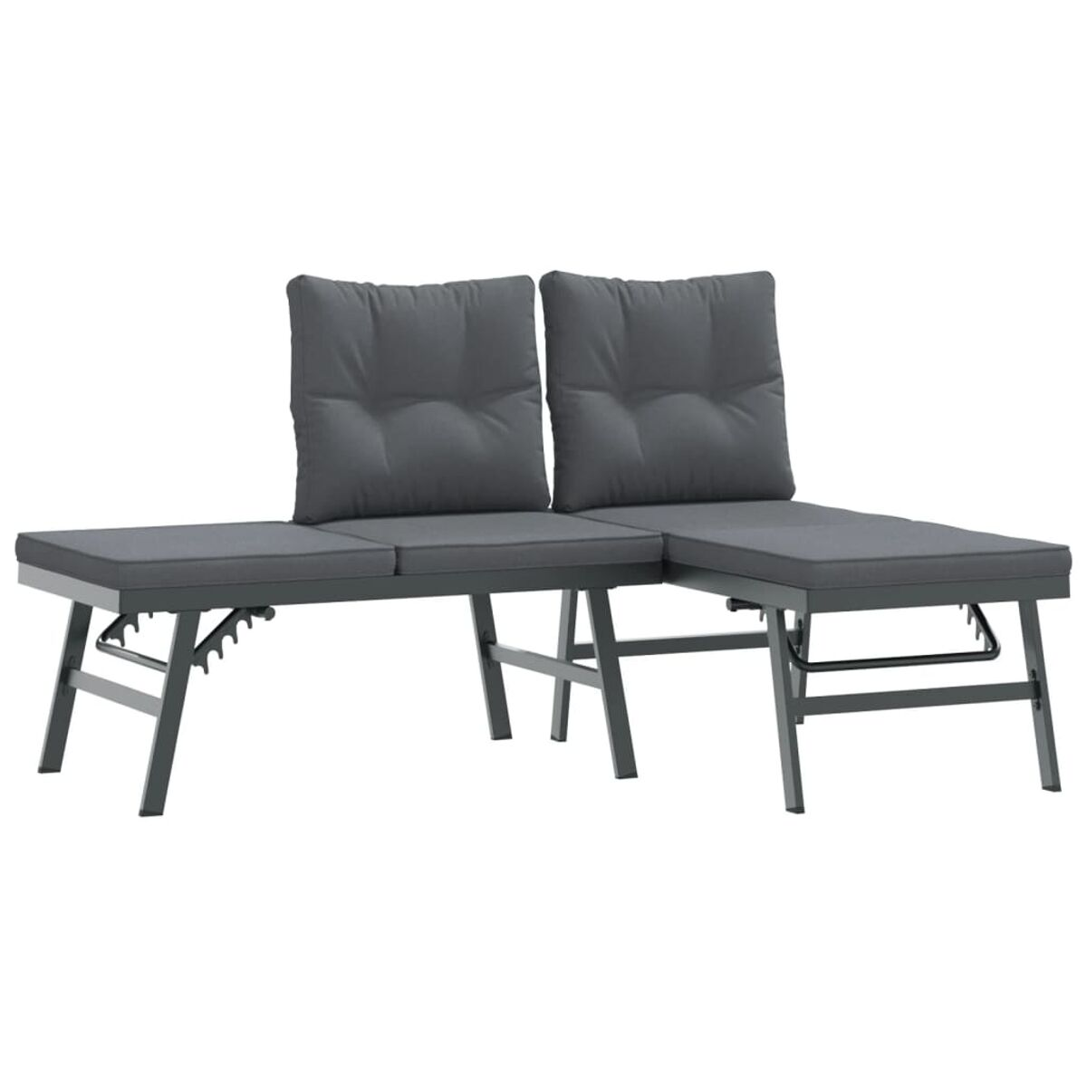 Outdoor-Sofa mit grauem Metallrahmen und zwei Kissen. Es hat eine Bank und ein L-förmiges Design.