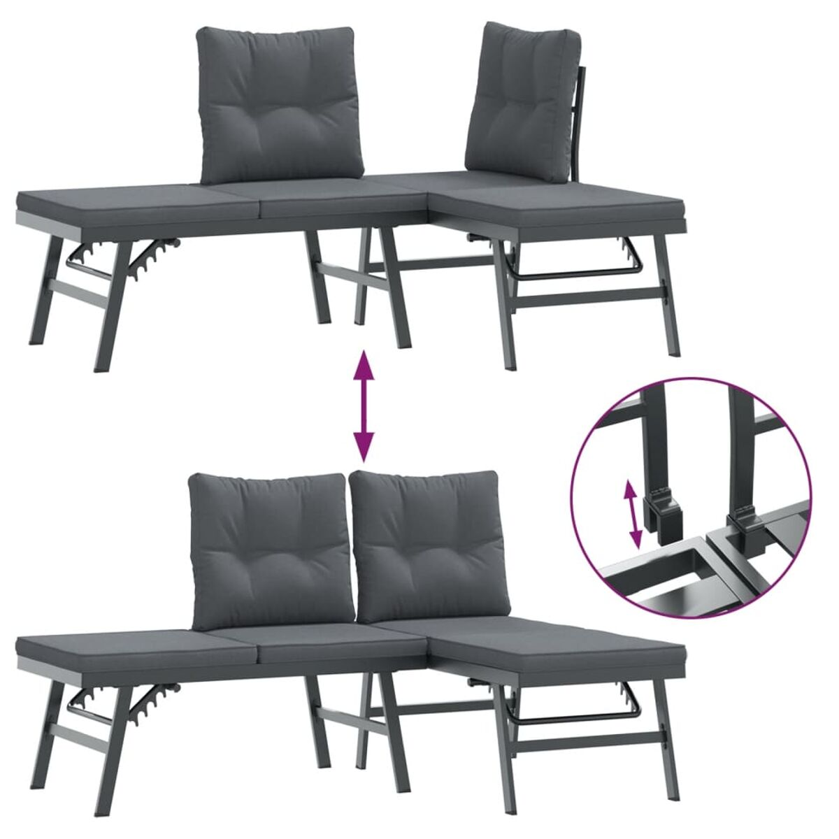 Zwei graue Outdoor-Ecksofas mit Kissen, mit einer Einlage, die verstellbare Rahmendetails zeigt.