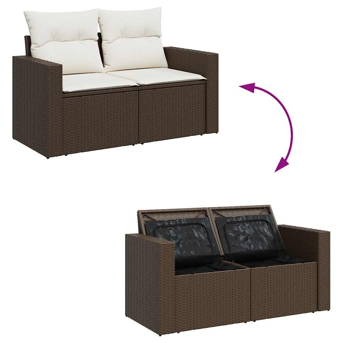 Divano contenitore da esterno a due posti. Rattan marrone con dettagli in legno e cuscini color crema. Si alza.