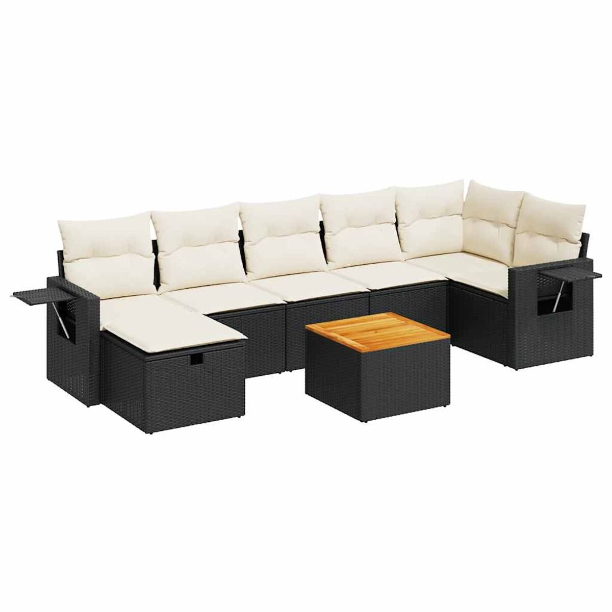 Divano componibile da esterno in rattan nero con cuscini color crema e tavolo. Bianco.