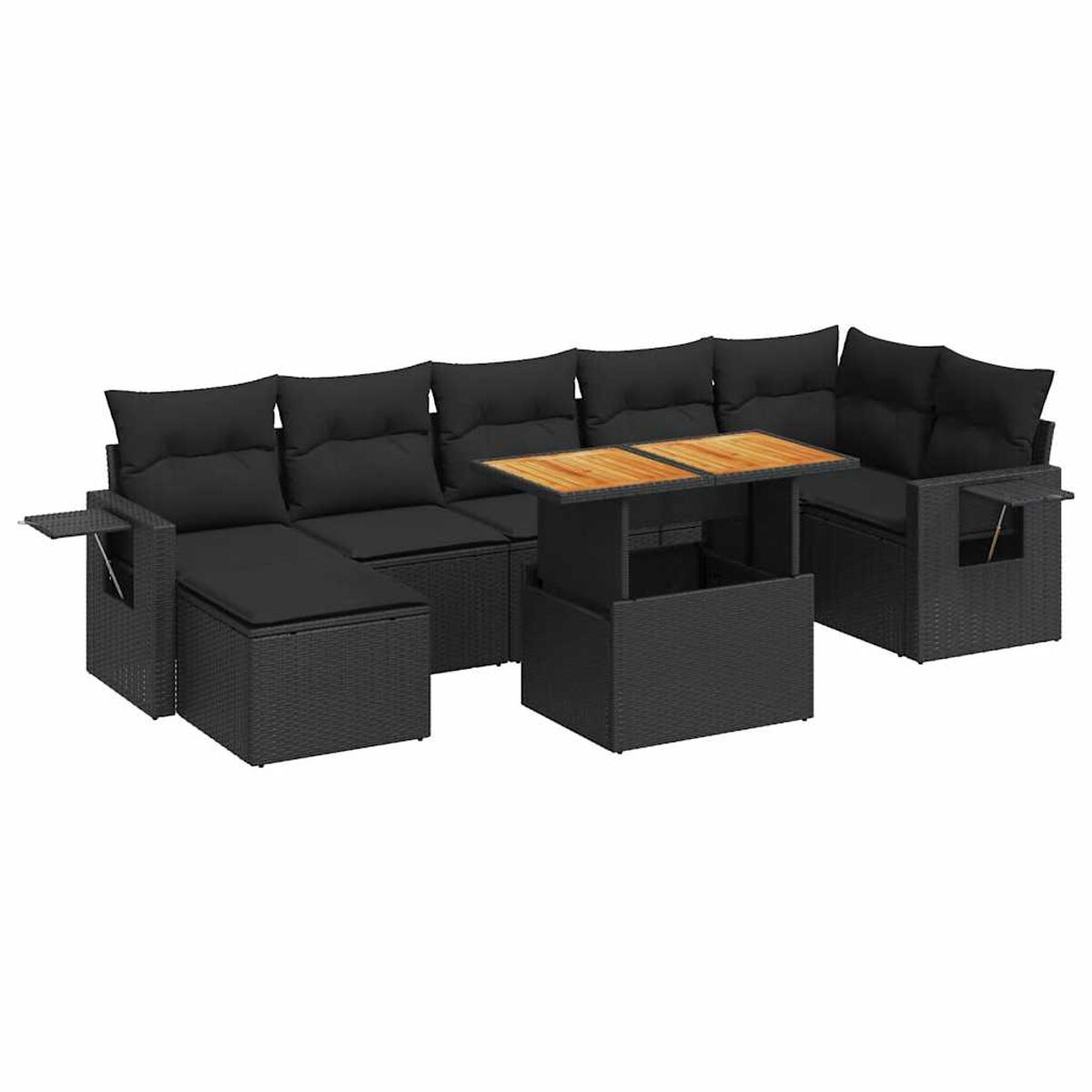 Divano componibile da esterno in vimini nero con cuscini neri e tavolino con piano in legno.