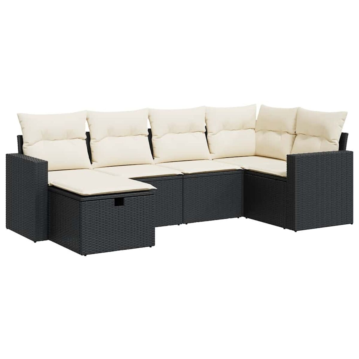 Divano componibile in vimini grigio scuro con cuscini color crema su sfondo bianco.
