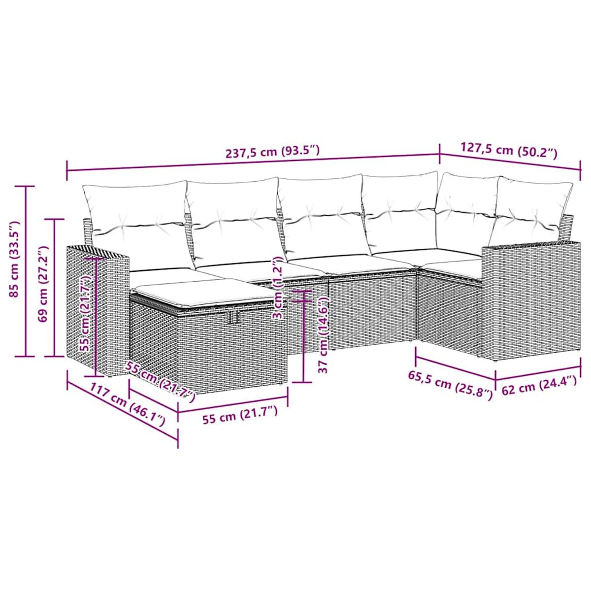 Divano in vimini con dimensioni etichettate. Include un tavolo con dimensioni.