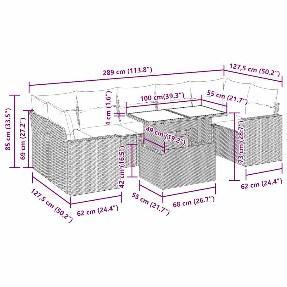 Set di mobili da giardino in rattan con dimensioni. Sfondo bianco. Cuscini sui sedili.