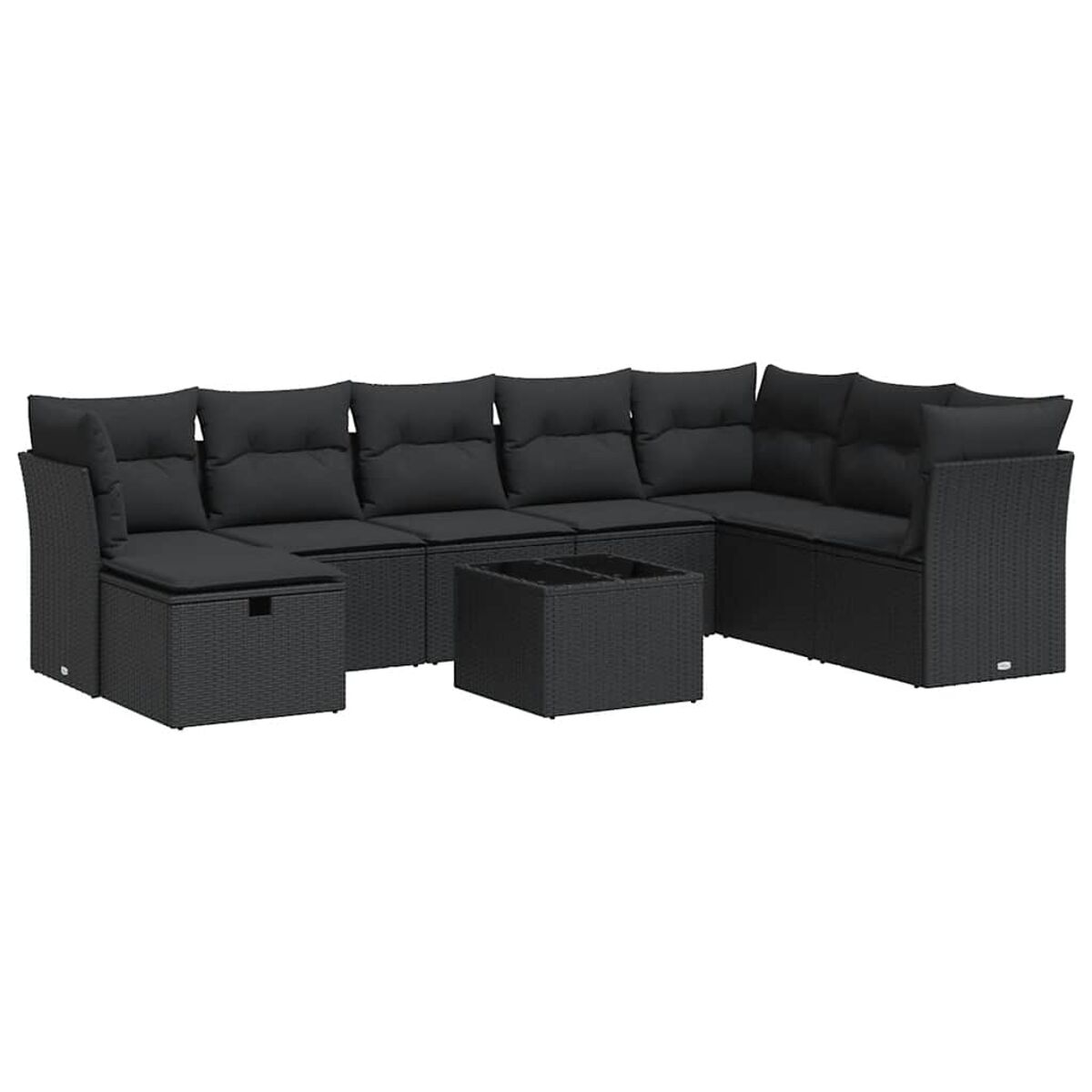 Set divano componibile nero da esterno con tavolino quadrato. Cuscini scuri e sfondo bianco.