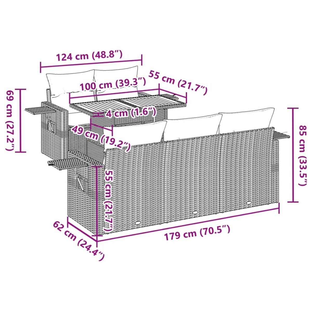 Un set di divani da esterno in vimini con dimensioni. Include un tavolo e due tavolini.