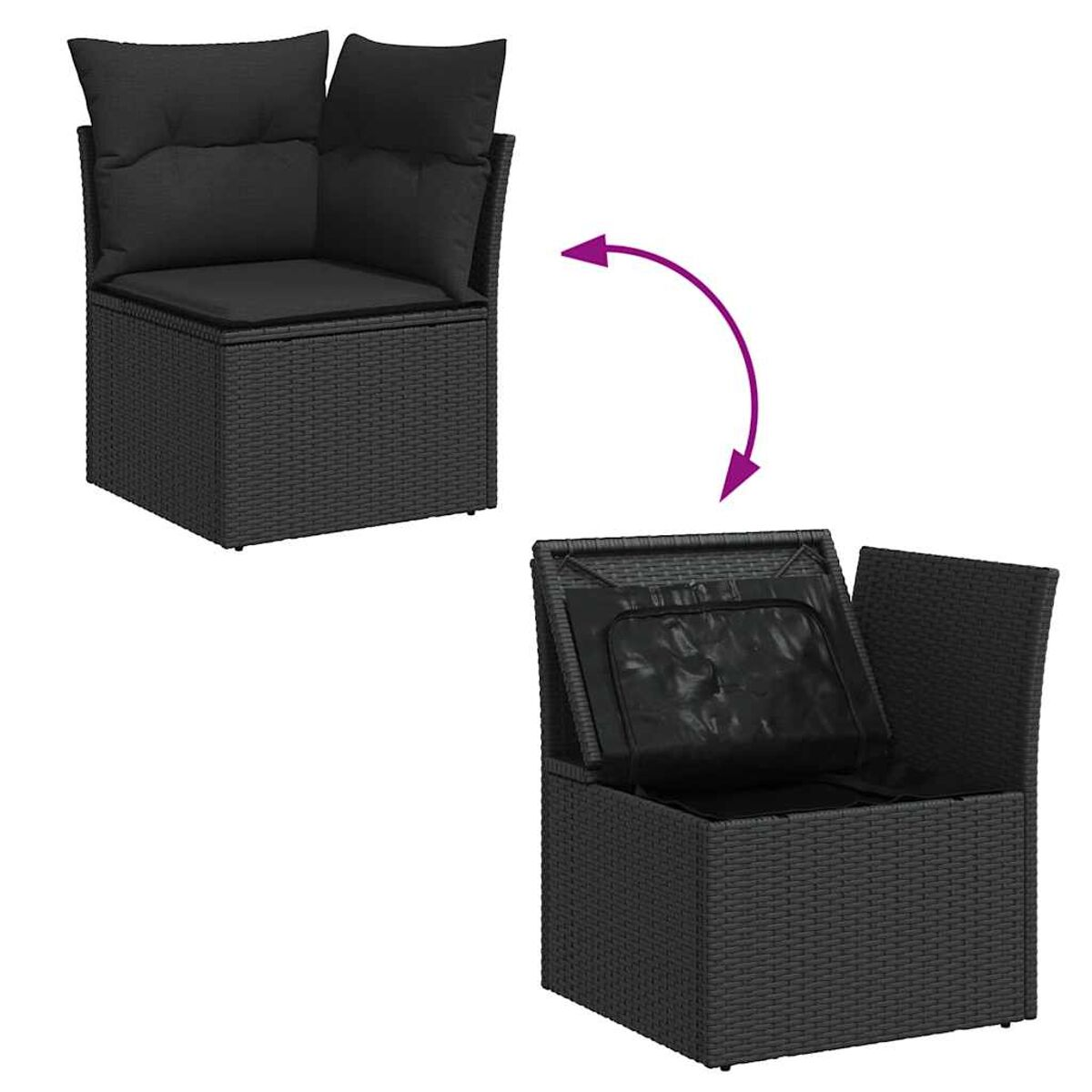 Sedia contenitore da esterno con motivo intrecciato grigio scuro, con spazio contenitore aperto.