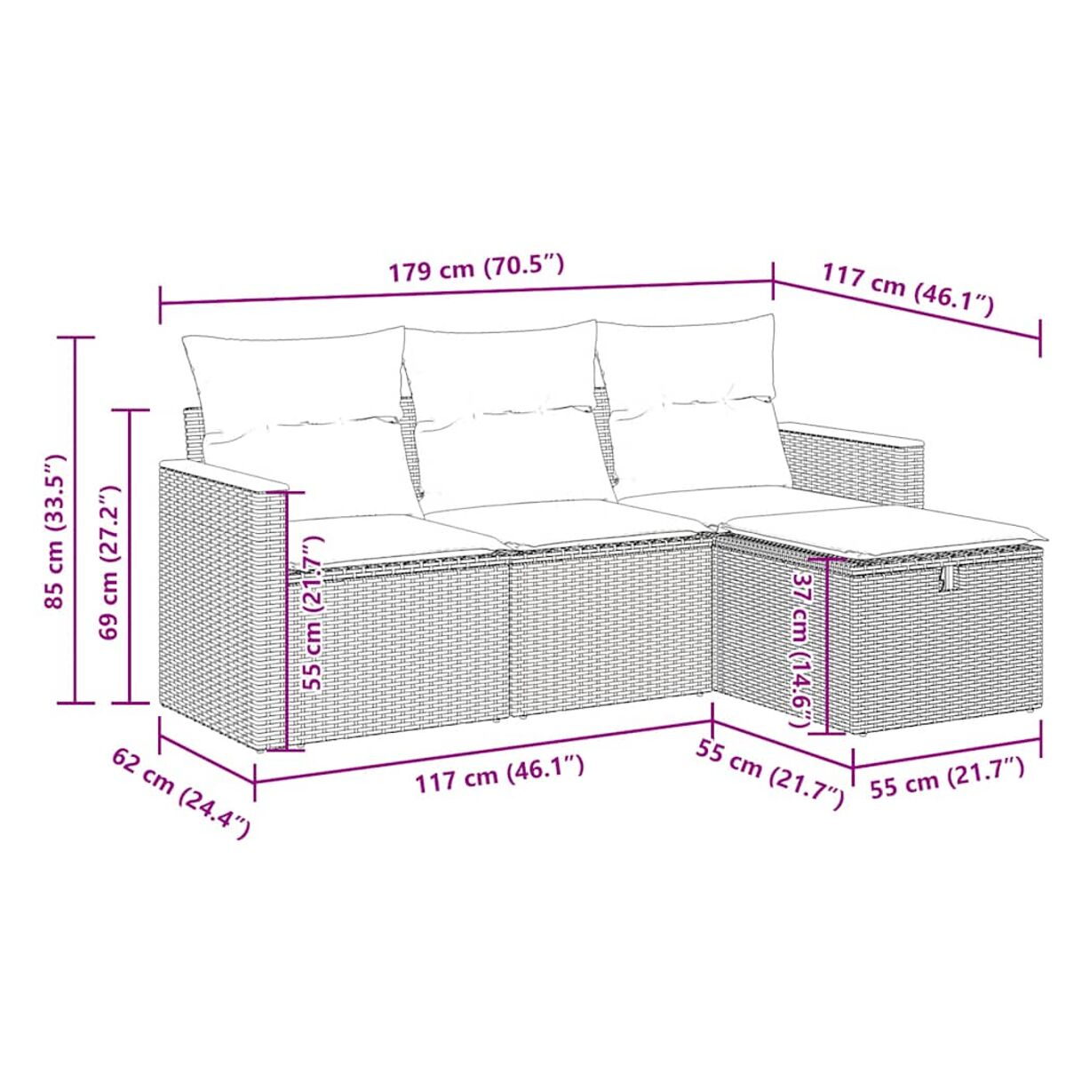 Outdoor-Sofagarnitur mit Abmessungen, Maße in cm und Zoll gekennzeichnet.