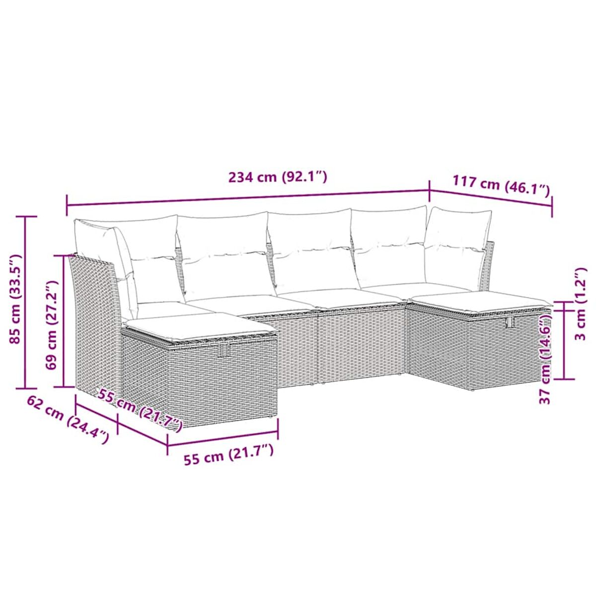Rattansofa mit Kissen und beschrifteten Maßen. Beige Kissen auf braunem Rattan.