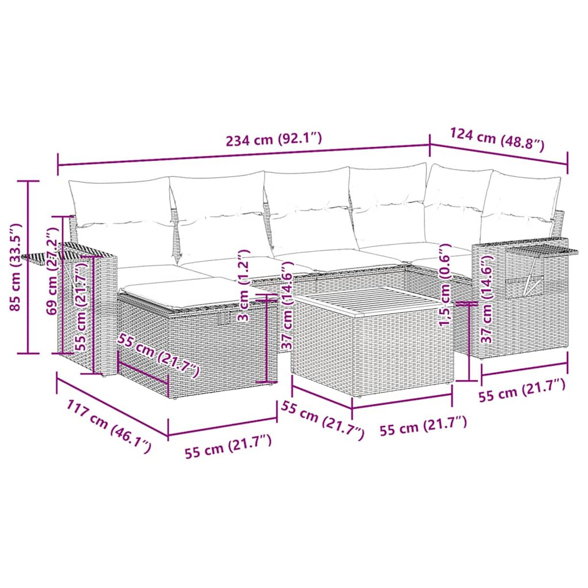 Diagramma di un divano componibile in rattan beige con misure e dimensioni. Sfondo: bianco.