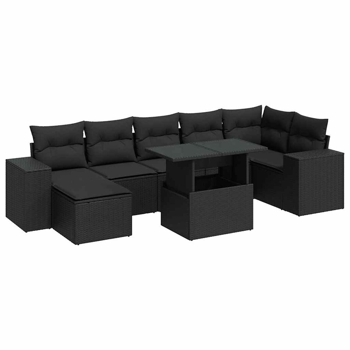 Divano angolare in vimini nero con cuscini neri e tavolo con piano sollevabile. Arredamento da esterno moderno.