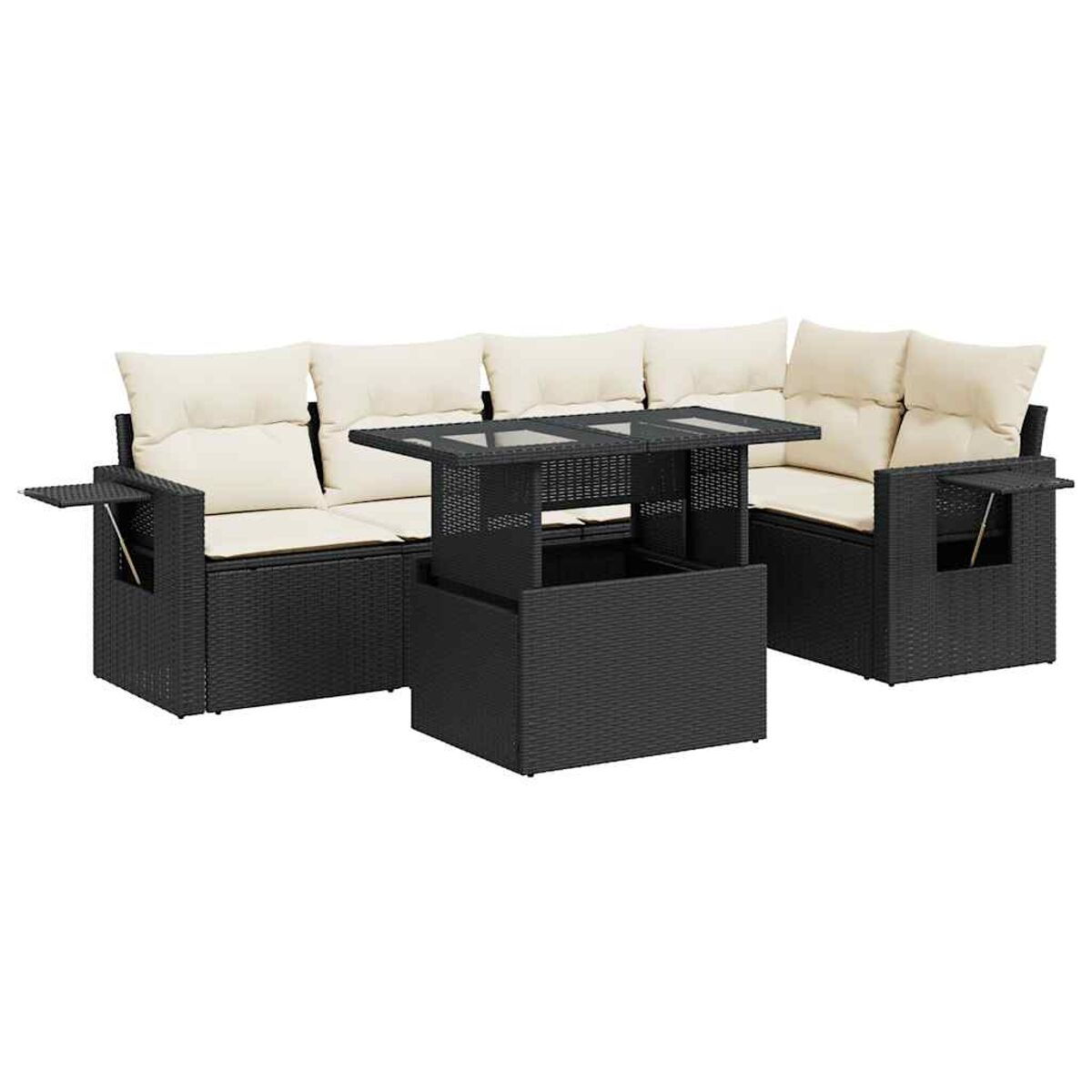 Divano angolare da esterno in vimini nero con cuscini beige e tavolo nero con piano in vetro.