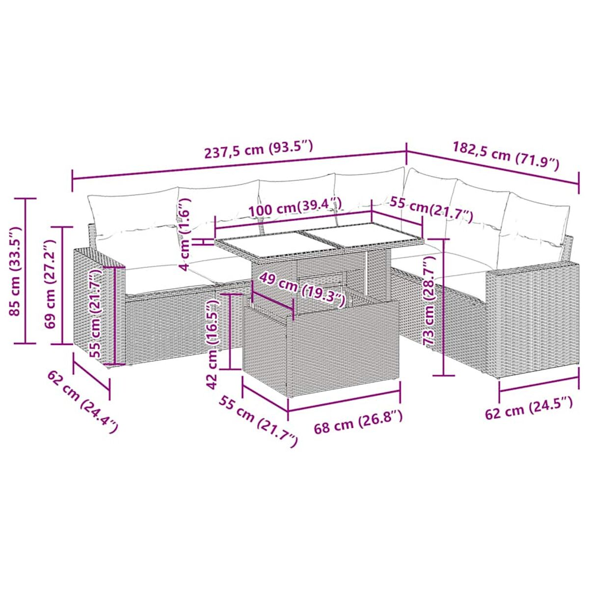 Diagramma che mostra le dimensioni di un divano componibile esterno in vimini e un tavolo.