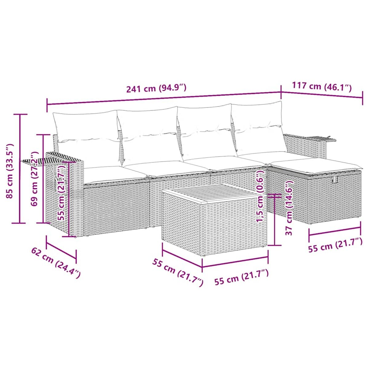 Draufsicht auf weißen Hintergrund mit Rattan-Terrassenmöbeln und schwarzen Maßen.