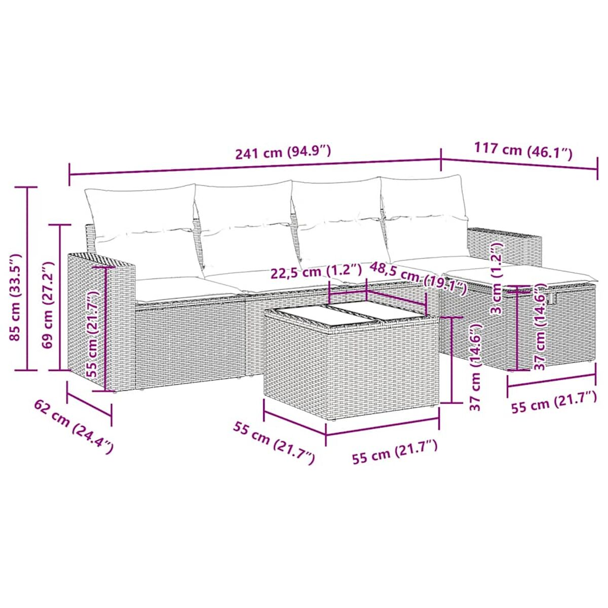 Diagramm eines braunen Outdoor-Sofa-Sets aus Korbgeflecht mit Abmessungen in Zentimetern und Zoll.