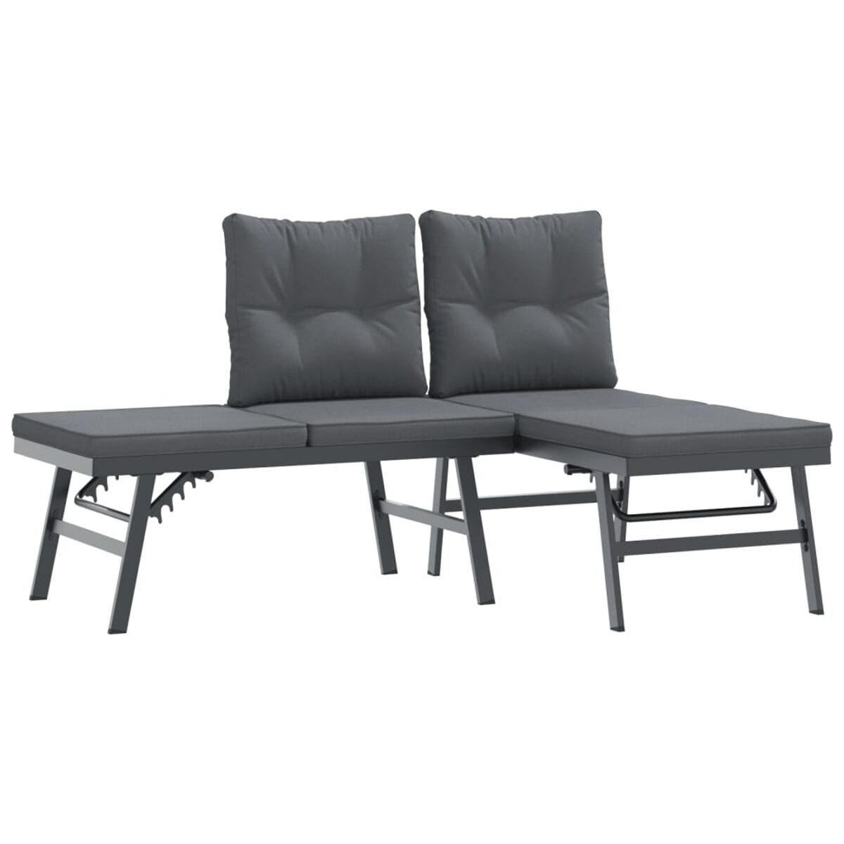 Graues Outdoor-Ecksofa mit dunkelgrauen Kissen. Das Sofa hat ein schlichtes Design.