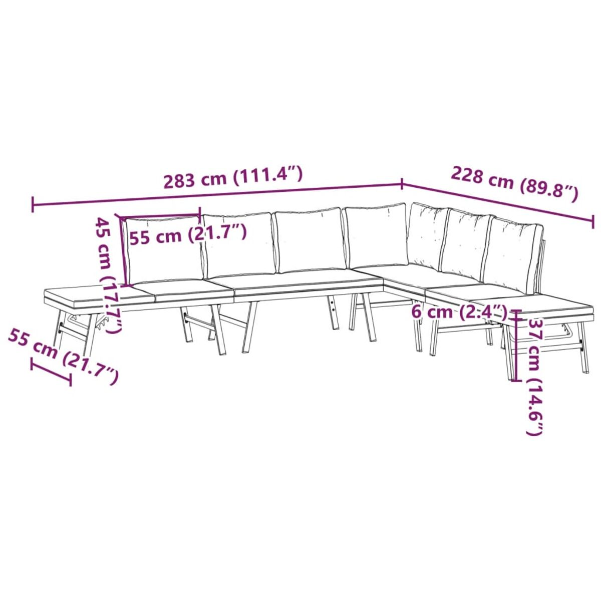 Outdoor-Ecksofa mit Maßen. Das Sofa hat graue Kissen und einen weißen Hintergrund.