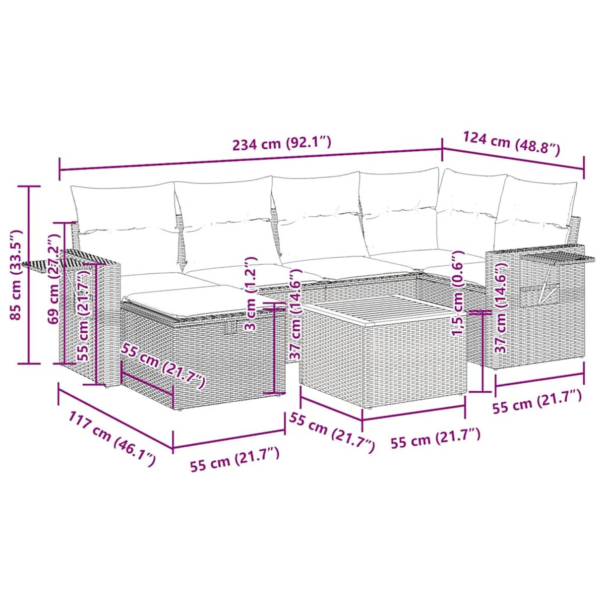Geflochtenes Outdoor-Sitzset mit weißen Kissen und einem Tisch. Abmessungen sind angegeben.